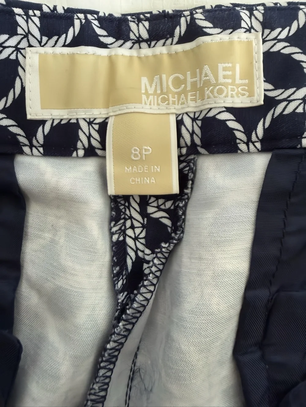 Michael Kors Womens Pants 8P Petite Navy White Geometric Print Tailored Career